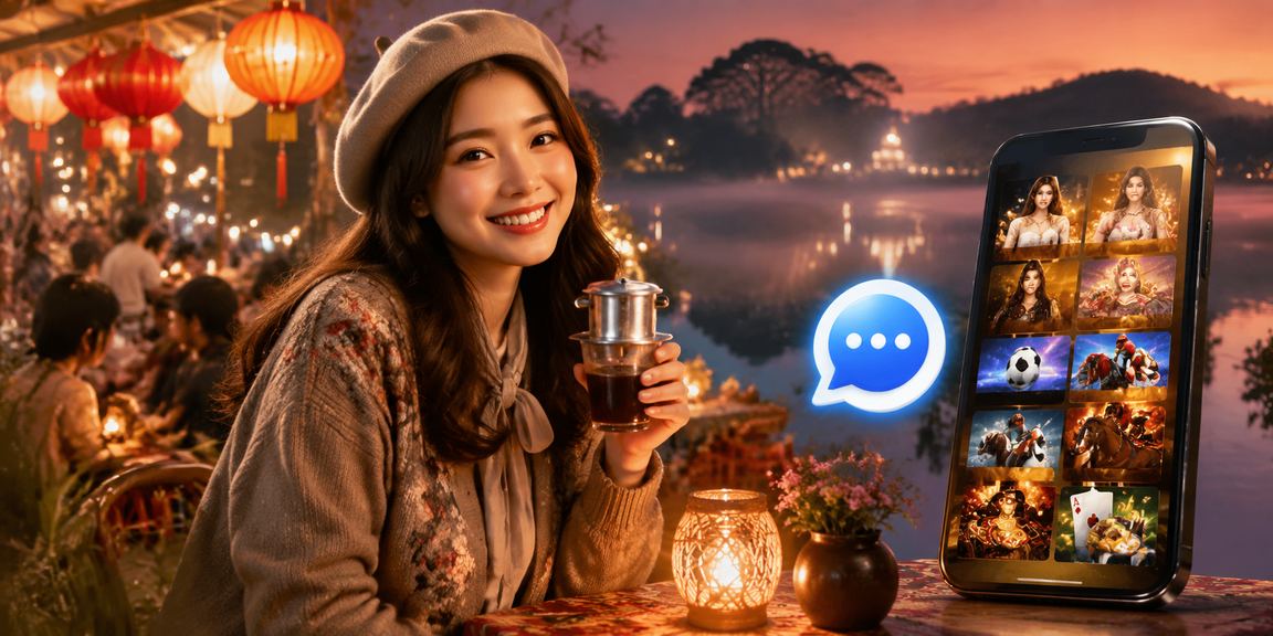 Người dùng trải nghiệm casino trên điện thoại tại Đà Lạt với ly cà phê Việt Nam